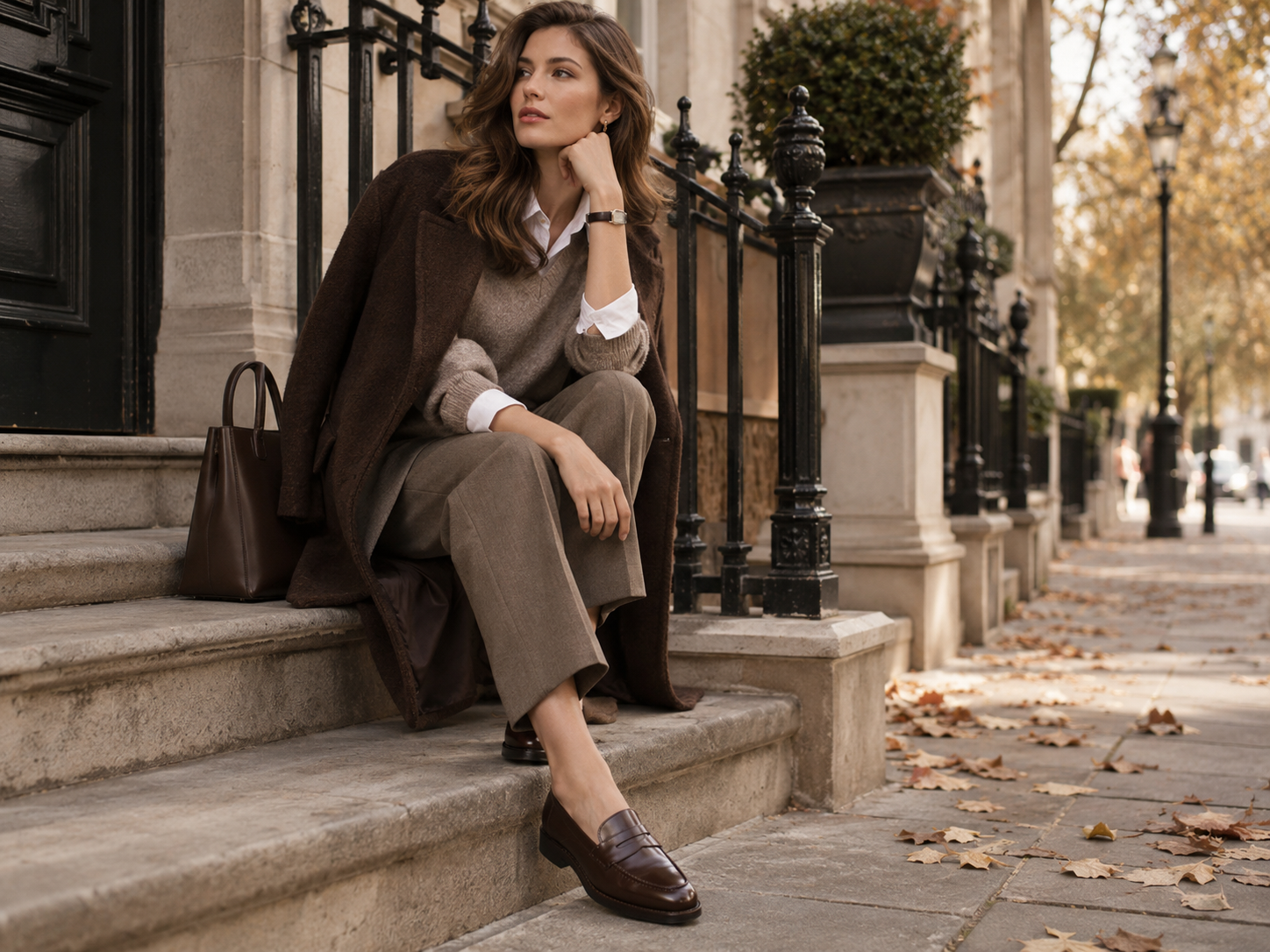 Dámský podzimní outfit s hnědými loafers kalhotami svetrem a dlouhým kabátem