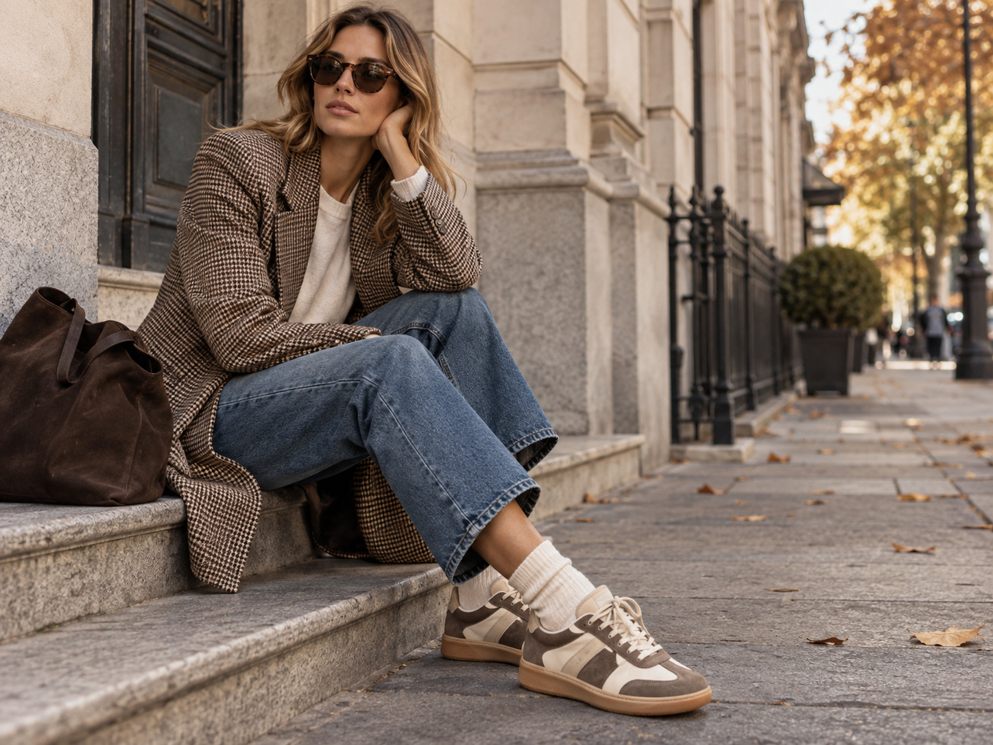 Ležérní dámský podzimní outfit s retro sneakersy džíny blejzrem a velkou kabelkou
