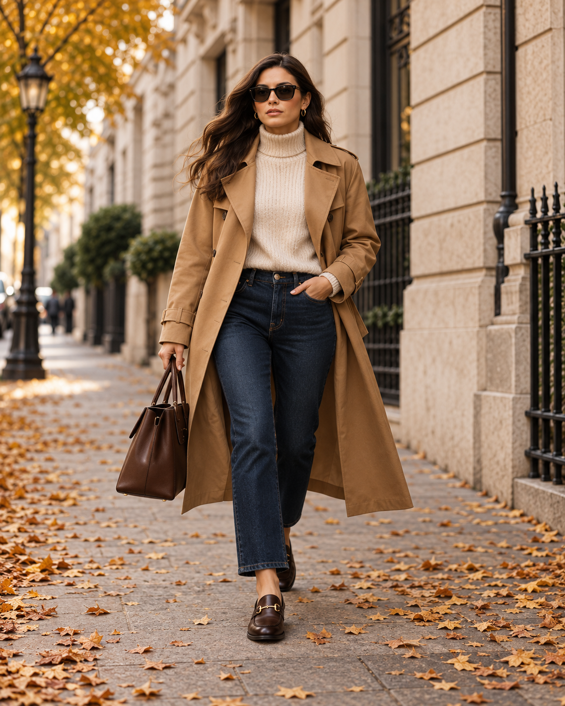 Dámský podzimní outfit s trenčkotem svetrem džínami a loafers