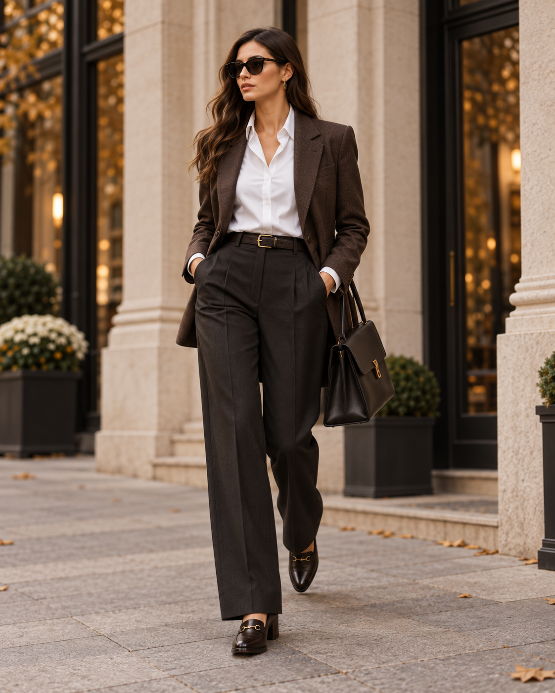Elegantní podzimní outfit s hnědým blejzrem bílou košilí a kalhotami
