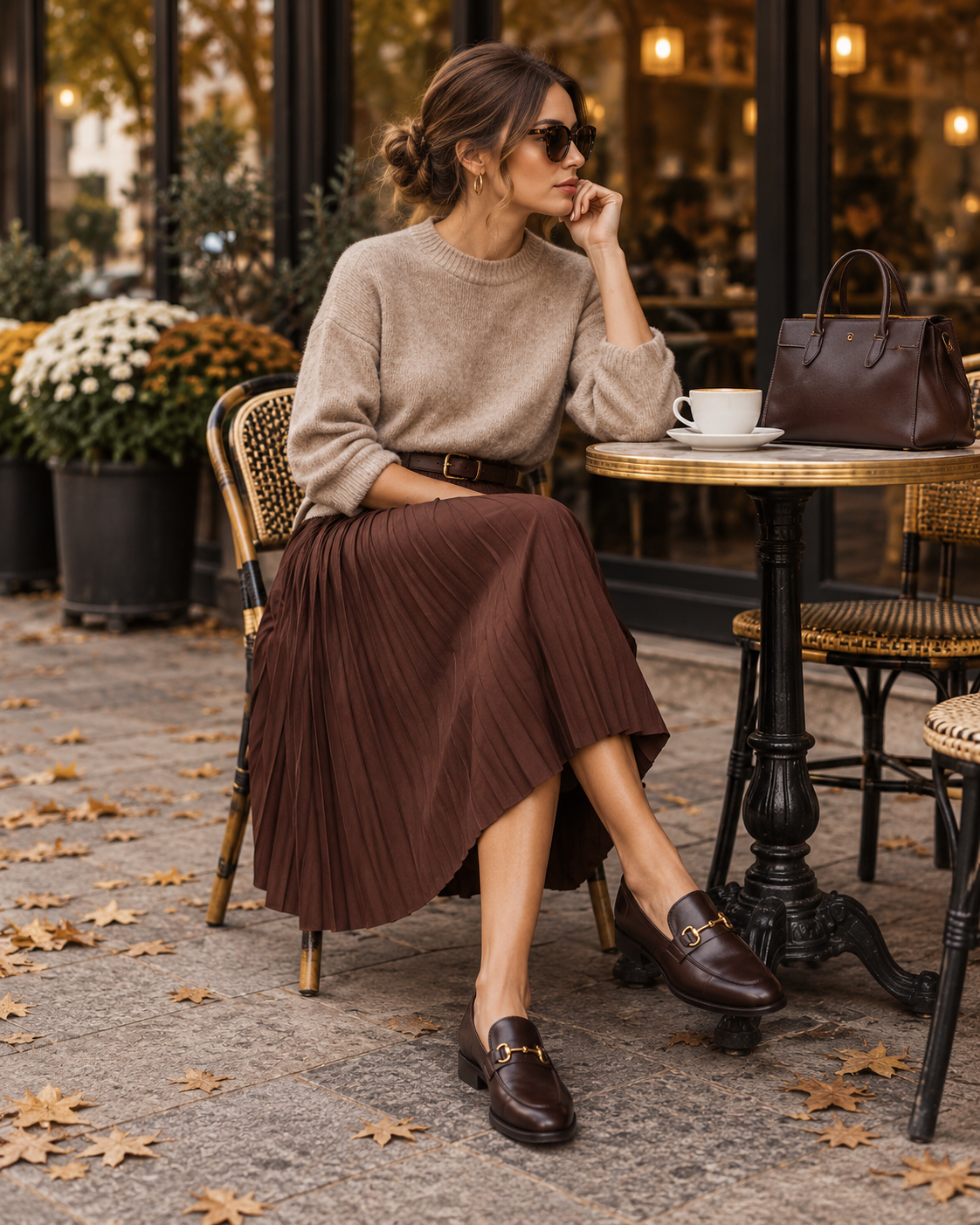 Podzimní outfit se svetrem hnědou midi sukní a loafers