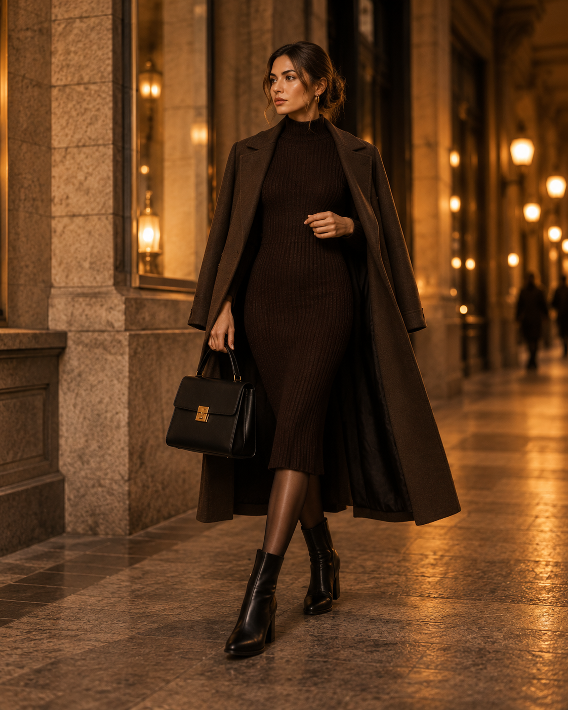 Elegantní podzimní outfit s pletenými šaty dlouhým kabátem a kotníkovými botami