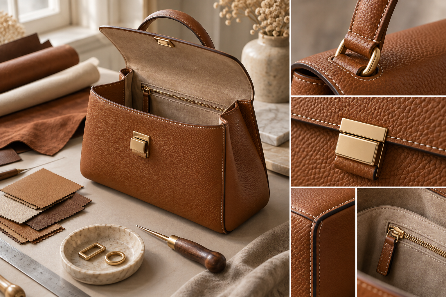 Materiály, švy a kovové detaily designové kabelky