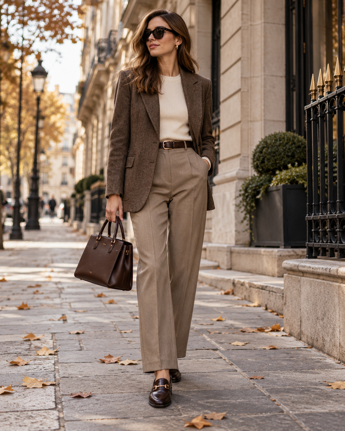 Elegantní podzimní outfit do kanceláře s hnědým blejzrem kalhotami mokasíny a strukturovanou kabelkou