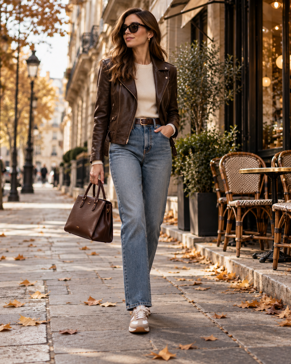 Ženský podzimní outfit s hnědou midi sukní světlým svetrem balerínami a malou kabelkou