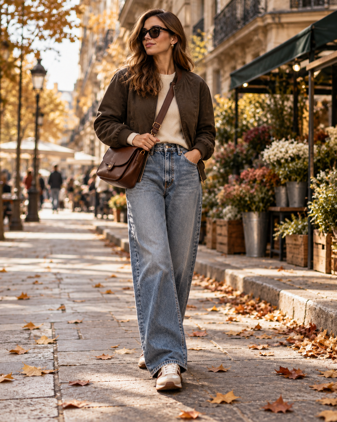 Ležérní víkendový outfit s bomber bundou širokými džínami svetrem retro teniskami a kabelkou přes rameno