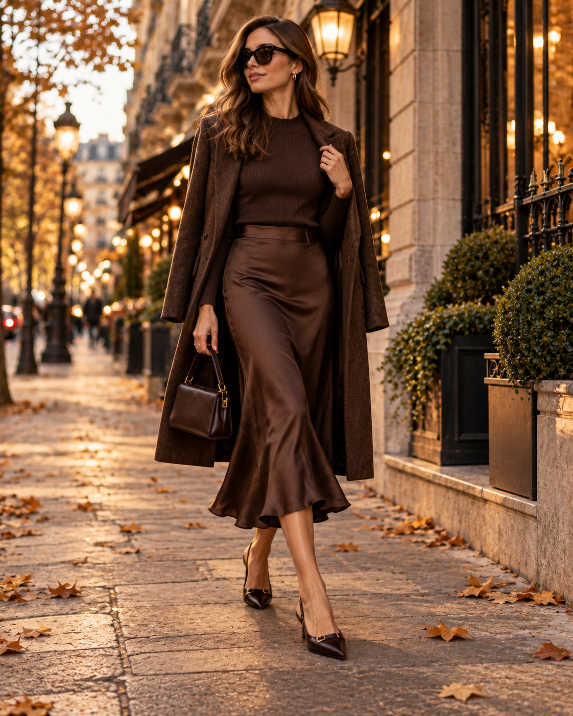 Elegantní večerní outfit v čokoládových tónech s midi sukní blejzrem lodičkami a malou kabelkou