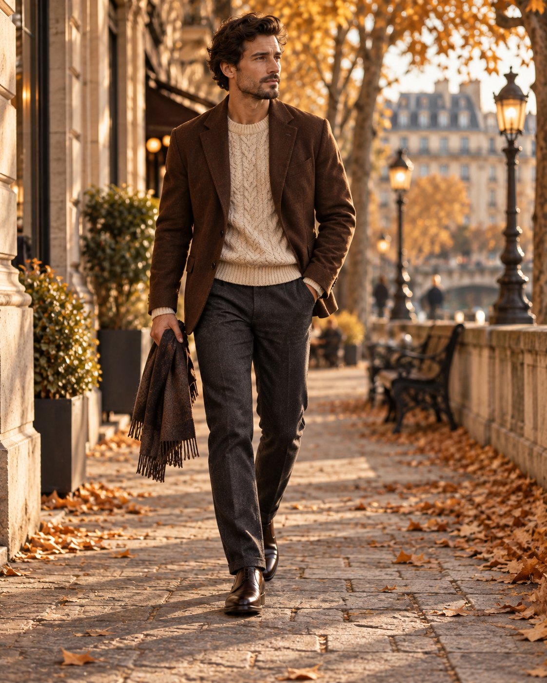 Pánský smart casual outfit s hnědým sakem světlým svetrem a kalhotami