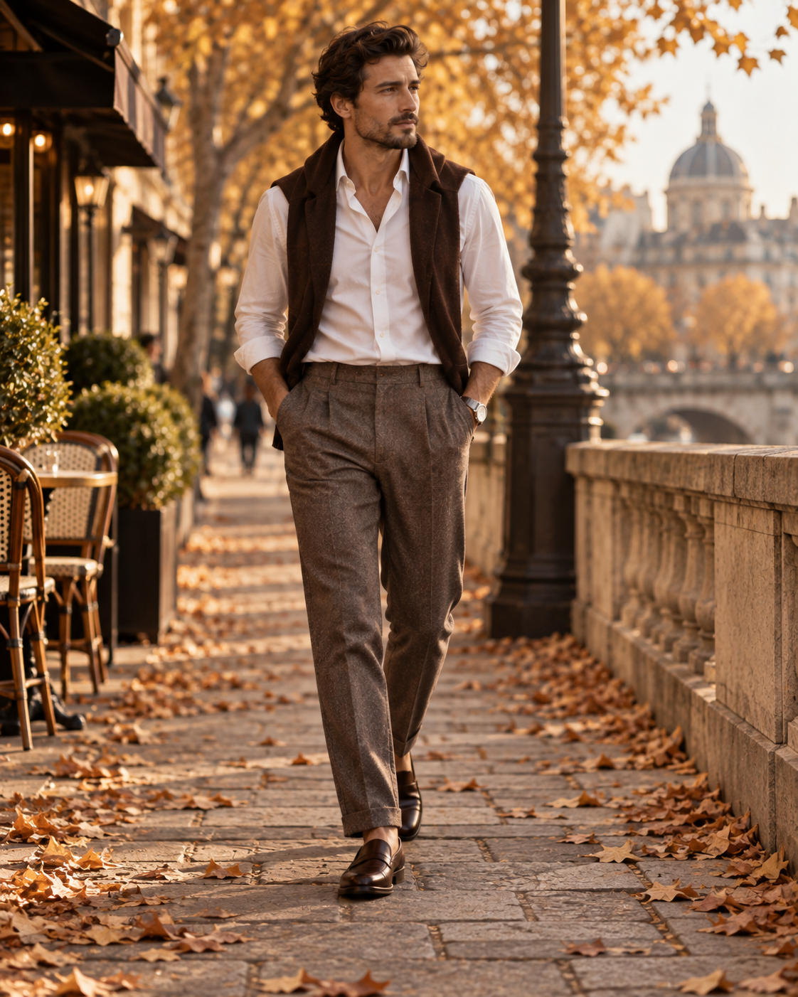 Pánský podzimní outfit s bílou košilí volnějšími kalhotami a hnědými mokasíny